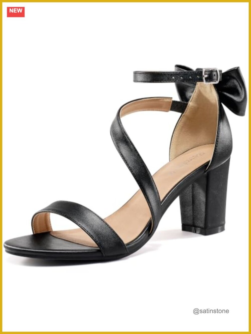 Faux Leather Block Heel Sandals with Bow Ankle Strap - Cushioned Heels for Women